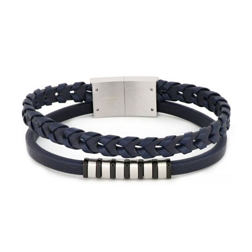 Bracelet made of one knitted and one flat blue leather with white and black components made of stainless steel