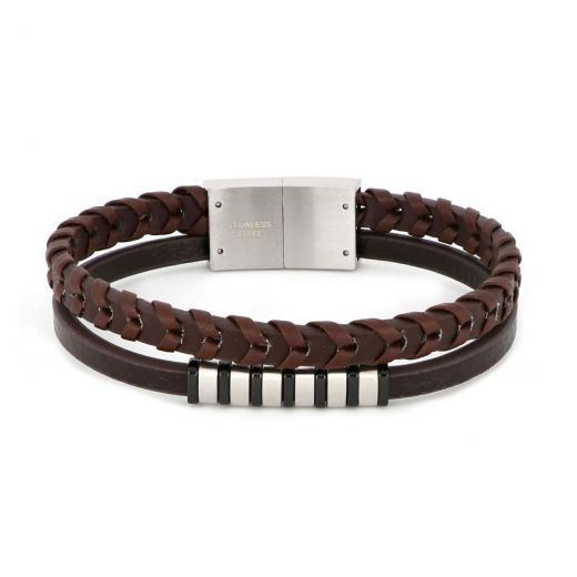 Bracelet made of one knitted and one flat brown leather with white and black components made of stainless steel