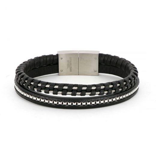 Bracelet made of black leather, stainless steel and steel wire