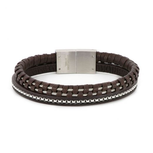 Bracelet made of brown leather, stainless steel and steel wire