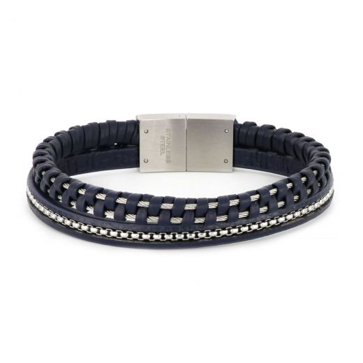 Bracelet made of blue leather, stainless steel and steel wire