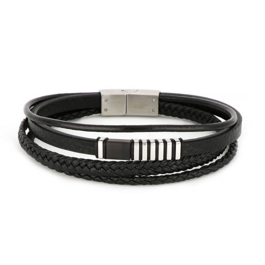 Bracelet made of one flat one round and two knitted black leather with black and white components made of stainless steel