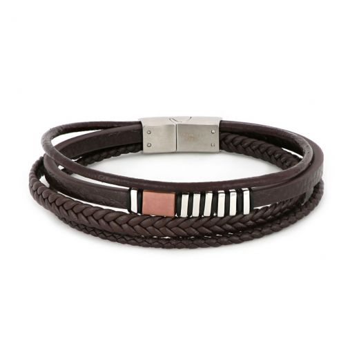 Bracelet made of one flat one round and two knitted brown leather with black and white components made of stainless steel