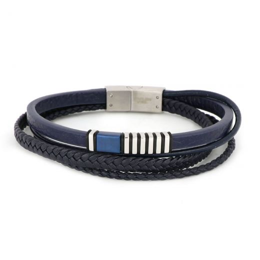 Bracelet made of one flat one round and two knitted blue leather with black and white components made of stainless steel
