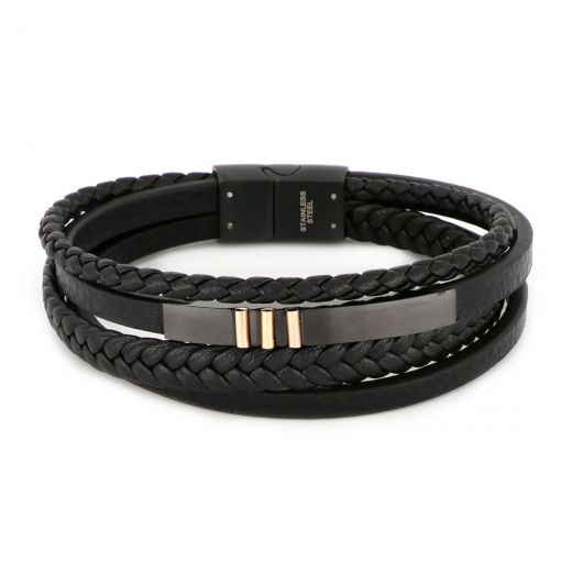 Bracelet made of two knitted and two flat black leather with black embossed plate and rose gold details made of stainless steel