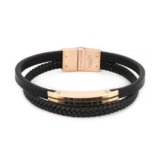 Bracelet made of one knitted and one flat black leather with rose gold plate and black details made of stainless steel