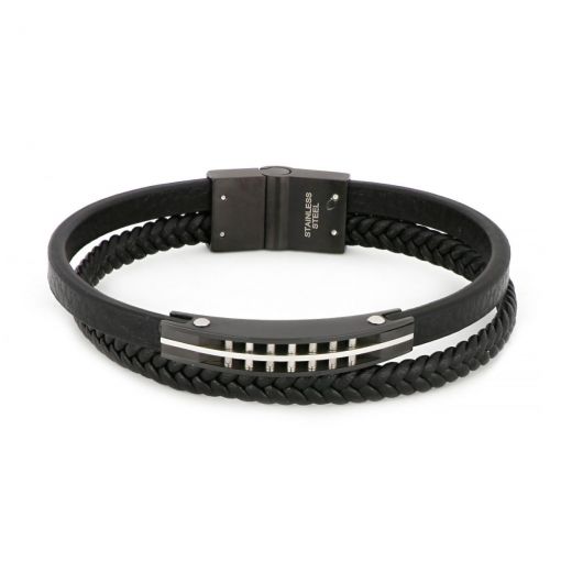 Bracelet made of one knitted and one flat black leather with black plate and white details made of stainless steel