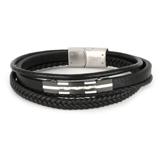 Bracelet made of one flat one round and one knitted black leather with black plate and white details made of stainless steel