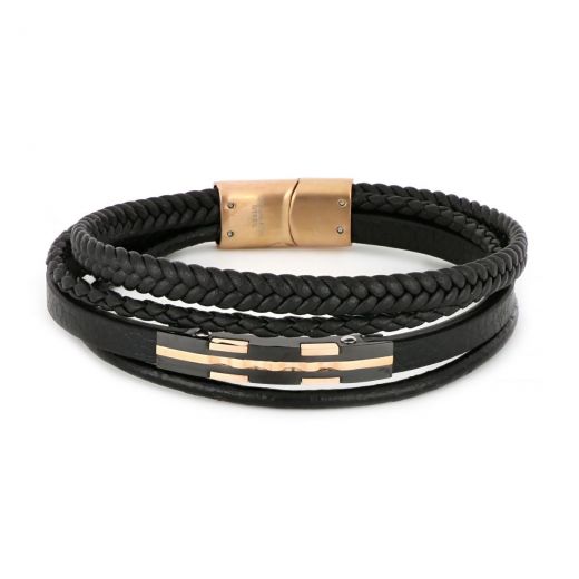 Bracelet made of one flat one round and one knitted black leather with black plate and rose gold details made of stainless steel