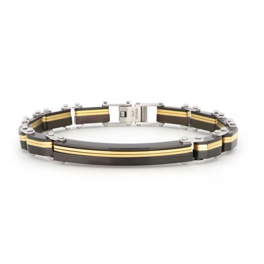 Bracelet made of black stainless steel and gold plated color lines