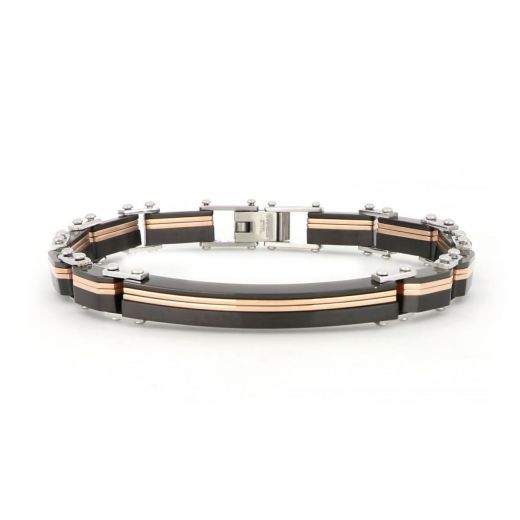Bracelet made of black stainless steel and rose gold plated lines