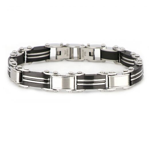 Bracelet made of stainless steel with black pieces and double white lines double side