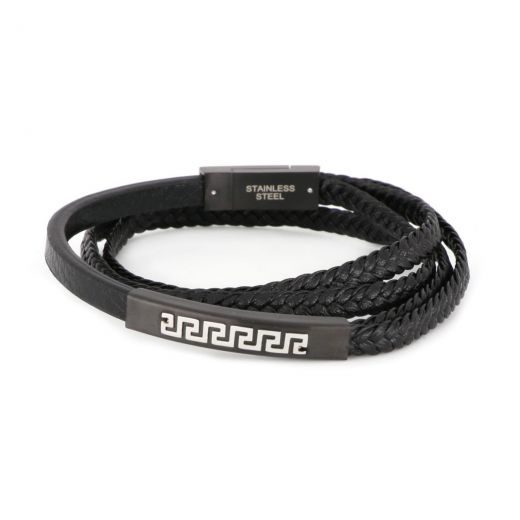 Bracelet made of black stainless steel with meander and black knitted leather