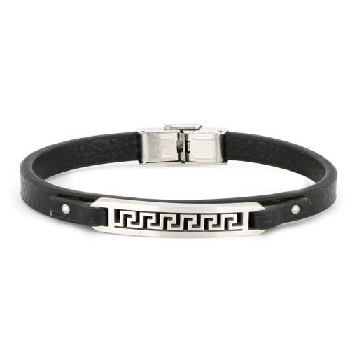 Bracelet made of stainless steel with black flat leather and Greek design