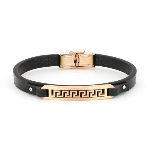Bracelet made of stainless steel rose gold with black flat leather and Greek design
