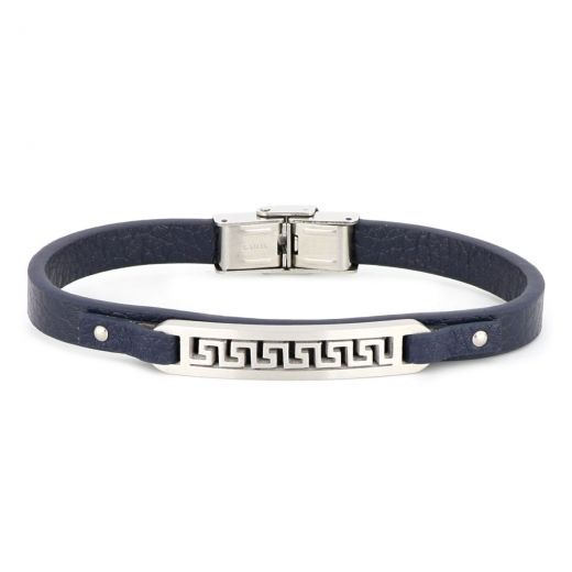 Bracelet made of stainless steel with blue flat leather and Greek design