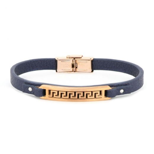 Bracelet made of stainless steel rose gold with blue flat leather and Greek design