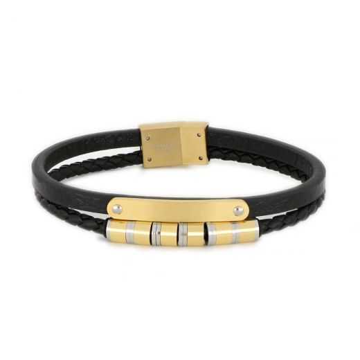 Bracelet made of stainless steel gold plated with flat plate and cylinders and two black leathers