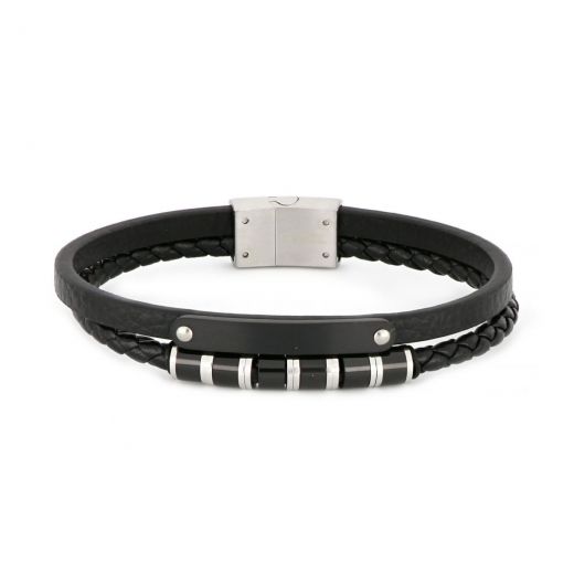 Bracelet made of black stainless steel with flat plate and cylinders and two black leathers