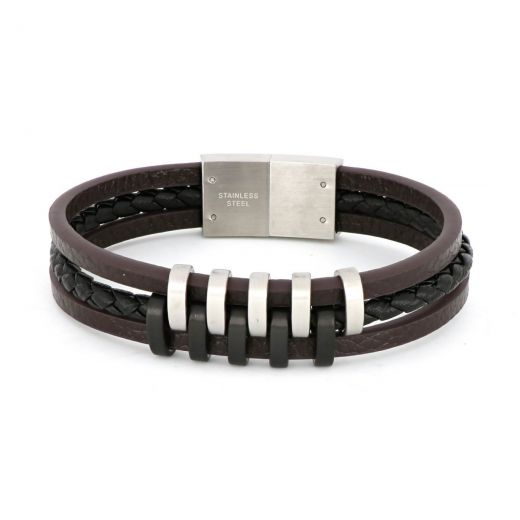 Bracelet made of stainless steel black and white with three brown leathers