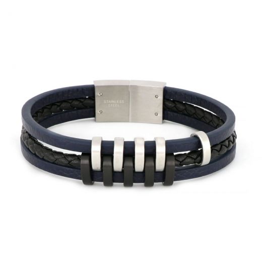 Bracelet made of stainless steel black and white with three blue leathers