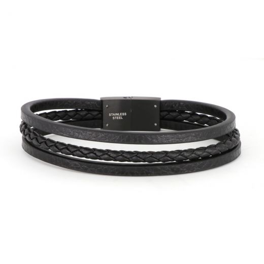 Bracelet made of black stainless steel with one knitted and two flat black leathers