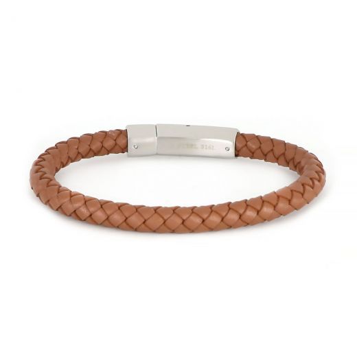 Bracelet made of brown leather 6 mm width and hexagon stainless steel clasp