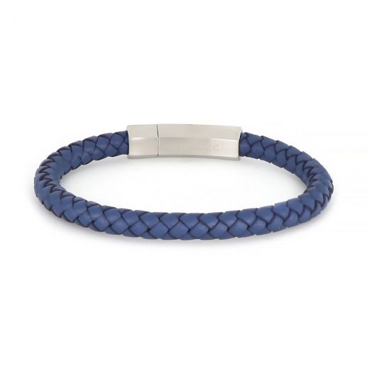 Bracelet made of blue leather 6 mm width and hexagon stainless steel clasp