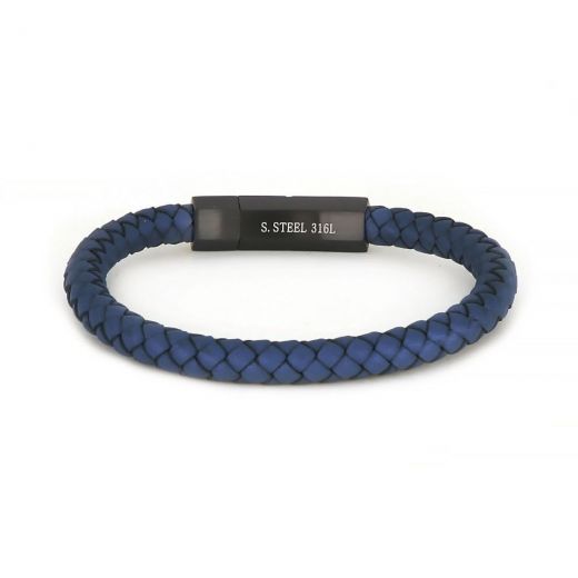 Bracelet made of blue leather 6 mm width and hexagon stainless steel black clasp