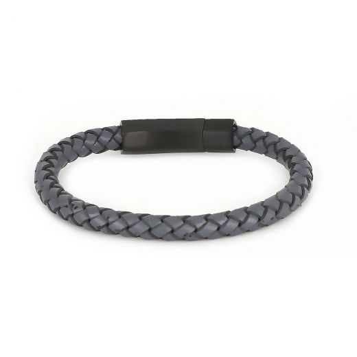 Bracelet made of grey leather 6 mm width and hexagon stainless steel black clasp