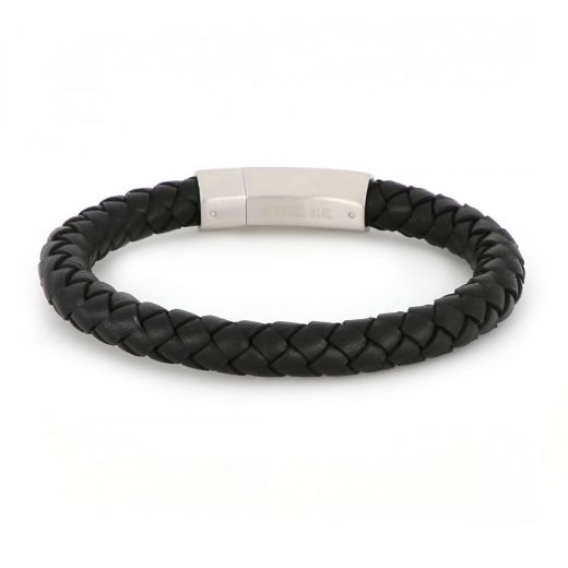 Bracelet made of black leather 8 mm width and hexagon stainless steel clasp