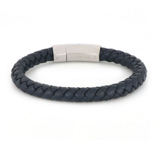 Bracelet made of blue leather 8 mm width and hexagon stainless steel clasp