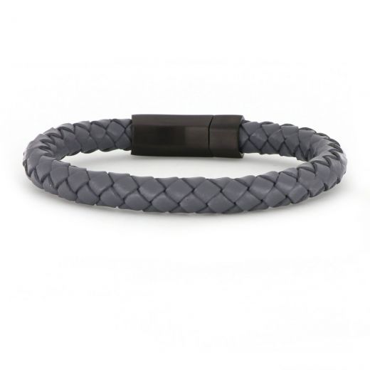 Bracelet made of grey leather 8 mm width and hexagon stainless steel black clasp