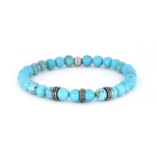 Bracelet made of semi precious stones turquoise chaolite and stainless steel components meanders