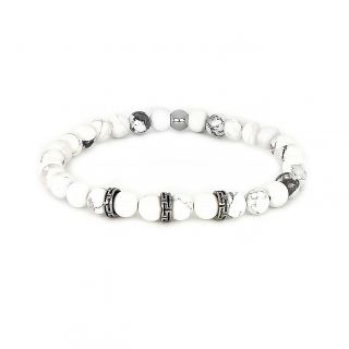 Bracelet made of semi precious stones white chaolite and stainless steel components meanders