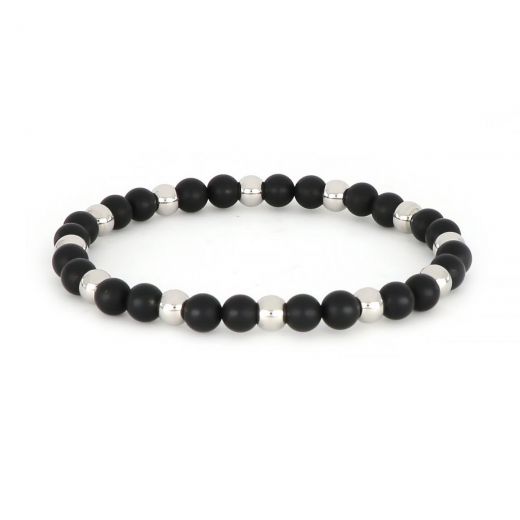 Bracelet made of semi precious stones onyx and stainless steel components beads