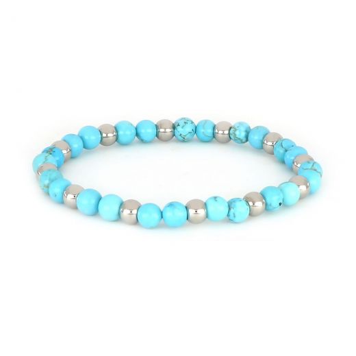 Bracelet made of semi precious stones turquoise chaolite and stainless steel components beads