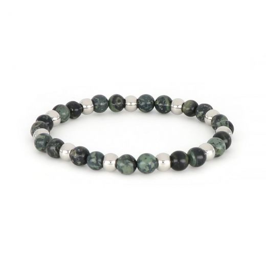Bracelet made of semi precious green stones and stainless steel components beads