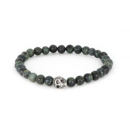 Bracelet made of semi precious green stones and stainless steel skull