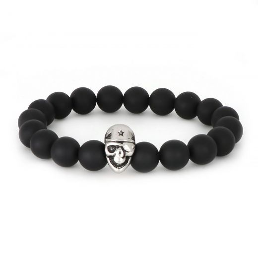 Bracelet made of semi precious stones onyx and stainless steel component skull