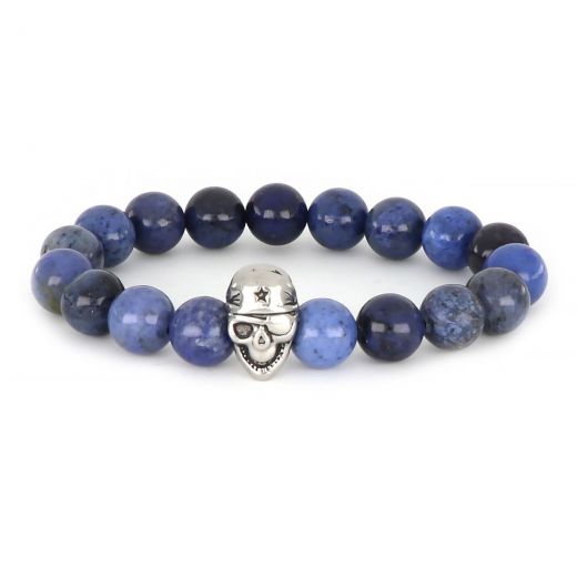 Bracelet made of semi precious stones sodalite and stainless steel component skull