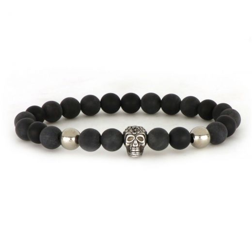 Bracelet made of semi precious stones onyx and stainless steel components skull and beads