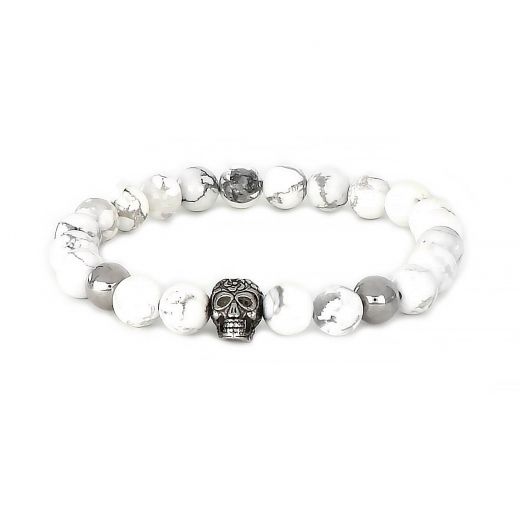 Bracelet made of semi precious stones white chaolite and stainless steel components skull and beads