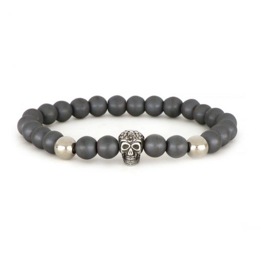 Bracelet made of hematite and stainless steel components skull and beads