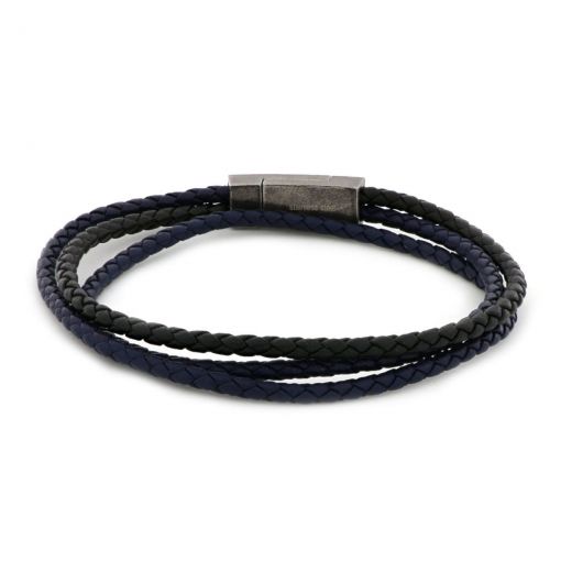 Bracelet made of black and blue leather and oxidized stainless steel clasp
