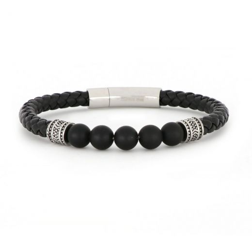 Bracelet made of leather with black onyx and stainless steel components