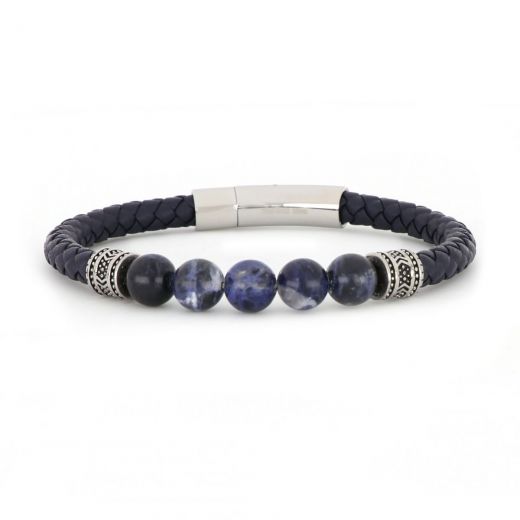 Bracelet made of leather with blue sodalites and stainless steel components