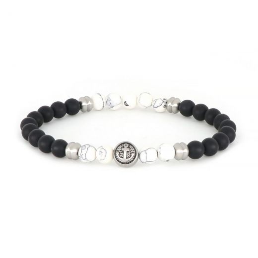 Bracelet made of semi precious stones onyx and white chaolite and stainless steel anchor