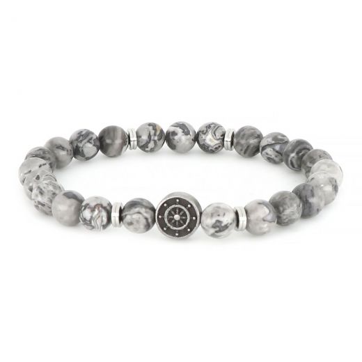 Bracelet made of semi precious stones grey jasper and stainless steel component naval steering wheel