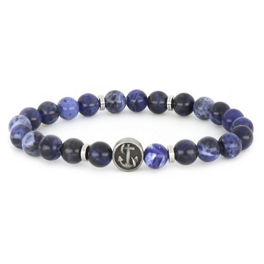 Bracelet made of semi precious stones sodalite and stainless steel component naval steering wheel